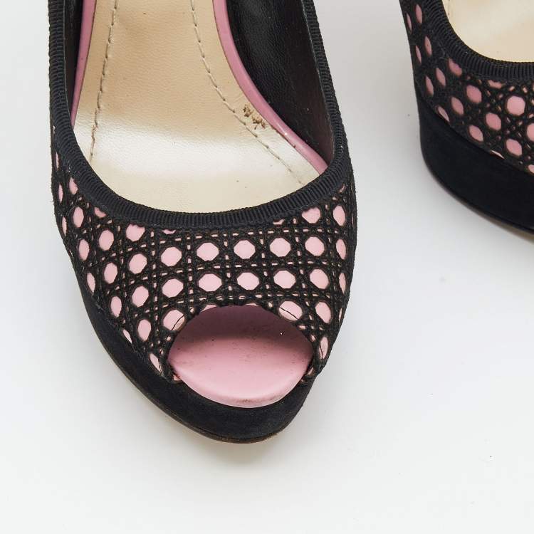 Pre Owned Dior Black/Pink Cannage Cutout Suede And Leather Peep Toe Platform Pumps Size 40