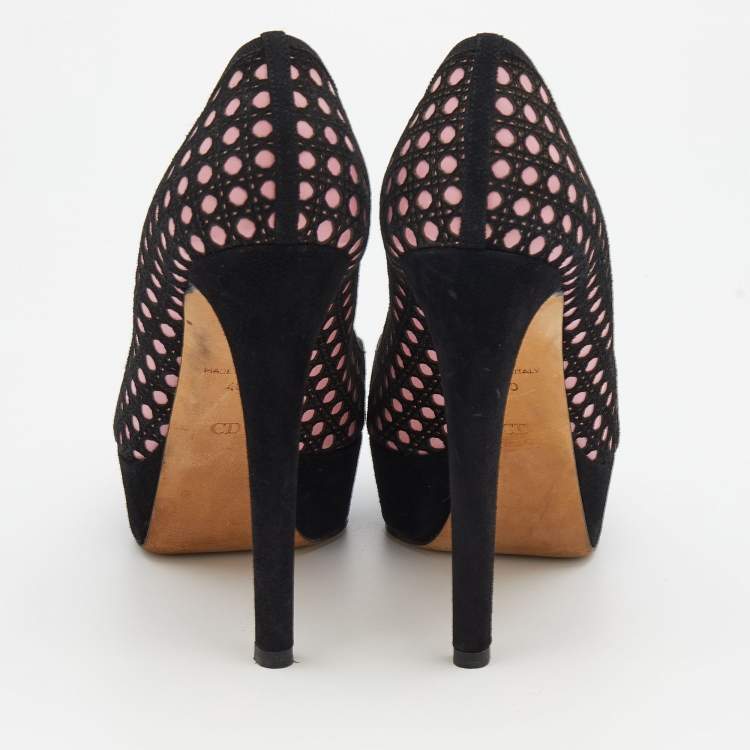 Pre Owned Dior Black/Pink Cannage Cutout Suede And Leather Peep Toe Platform Pumps Size 40