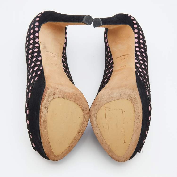 Pre Owned Dior Black/Pink Cannage Cutout Suede And Leather Peep Toe Platform Pumps Size 40