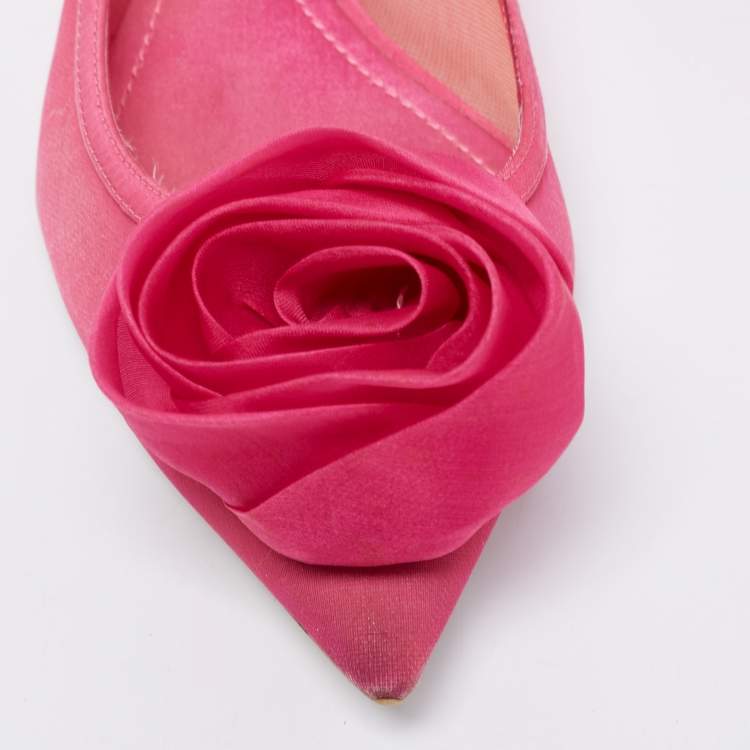 Pre Owned Dior Pink Fabric Flower Embellished Pointed Toe Ballet Flats Size 38.5