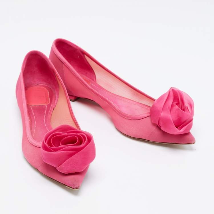Pre Owned Dior Pink Fabric Flower Embellished Pointed Toe Ballet Flats Size 38.5