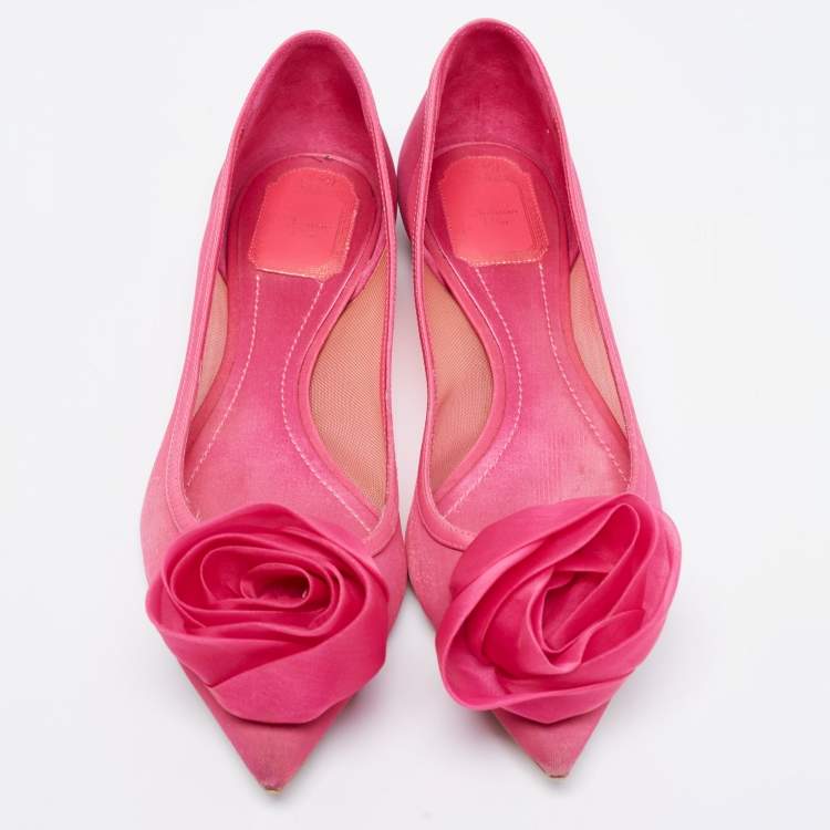 Pre Owned Dior Pink Fabric Flower Embellished Pointed Toe Ballet Flats Size 38.5