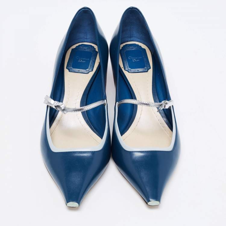 Pre Owned Dior Blue/Grey Leather Bow Mary Jane Pumps Size 38.5