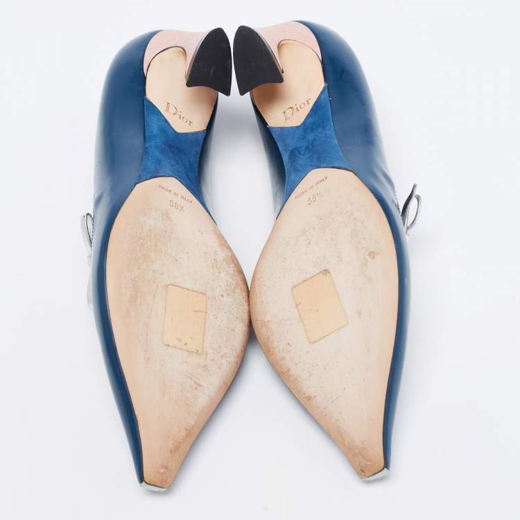 Pre Owned Dior Blue/Grey Leather Bow Mary Jane Pumps Size 38.5