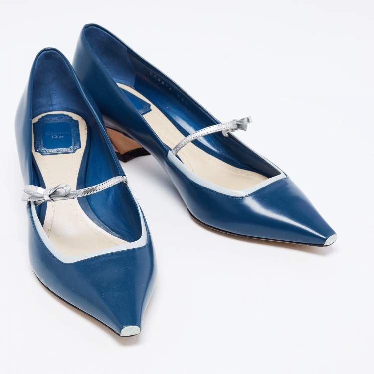Pre Owned Dior Blue/Grey Leather Bow Mary Jane Pumps Size 38.5