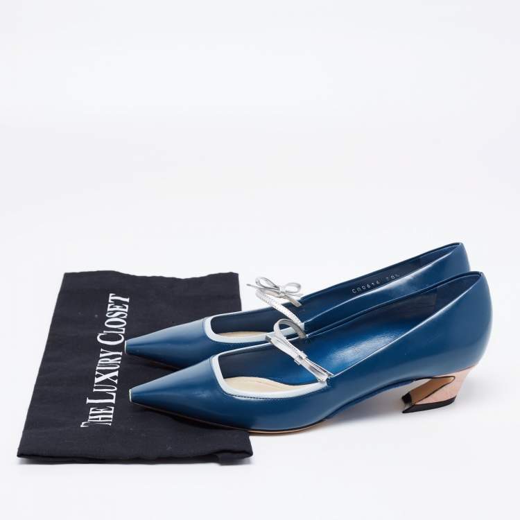 Pre Owned Dior Blue/Grey Leather Bow Mary Jane Pumps Size 38.5