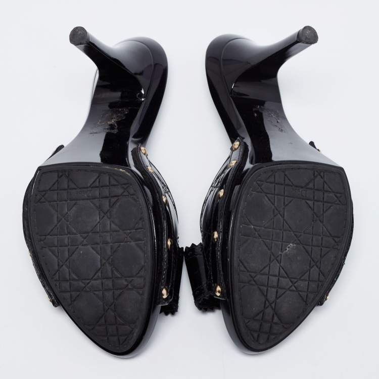 Pre Owned Dior Black Cannage Patent Leather Bow Slide Sandals Size 40