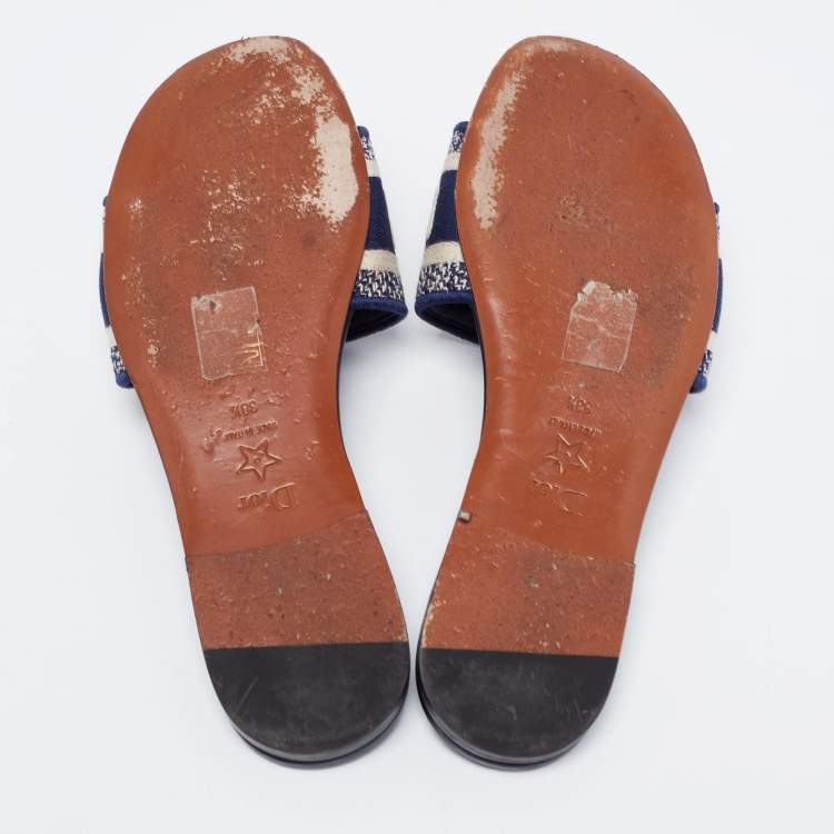 Pre Owned Dior Navy Blue/White Embroidered Canvas Dway Flat Slides Size 38.5