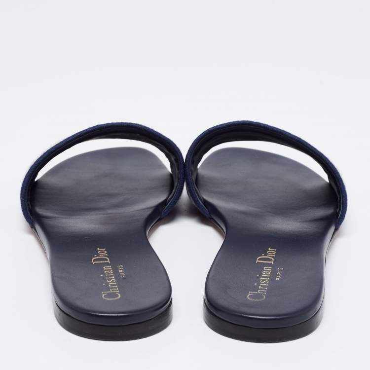 Pre Owned Dior Navy Blue/White Embroidered Canvas Dway Flat Slides Size 38.5