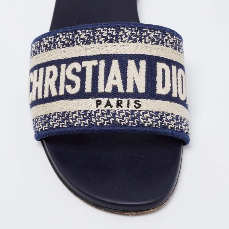 Pre Owned Dior Navy Blue/White Embroidered Canvas Dway Flat Slides Size 38.5