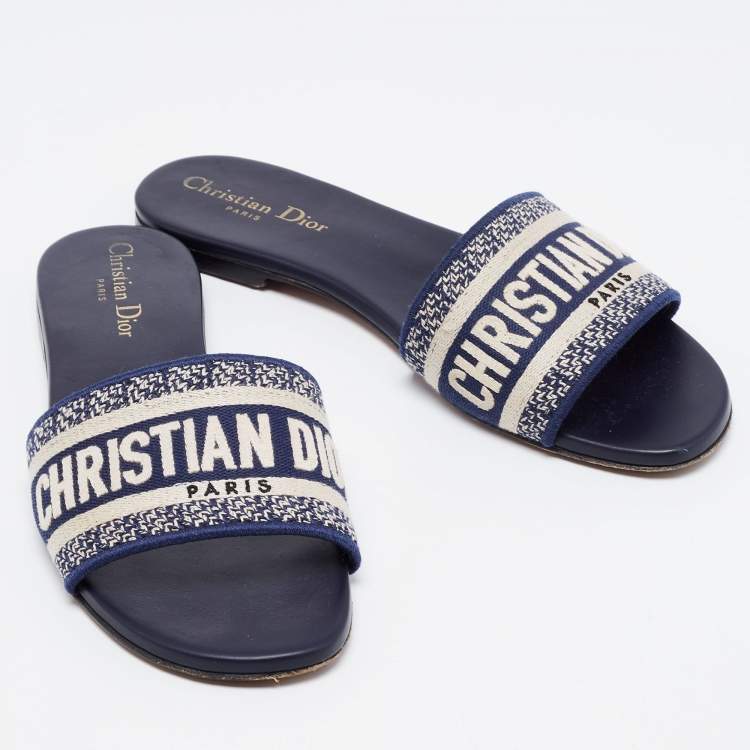 Pre Owned Dior Navy Blue/White Embroidered Canvas Dway Flat Slides Size 38.5