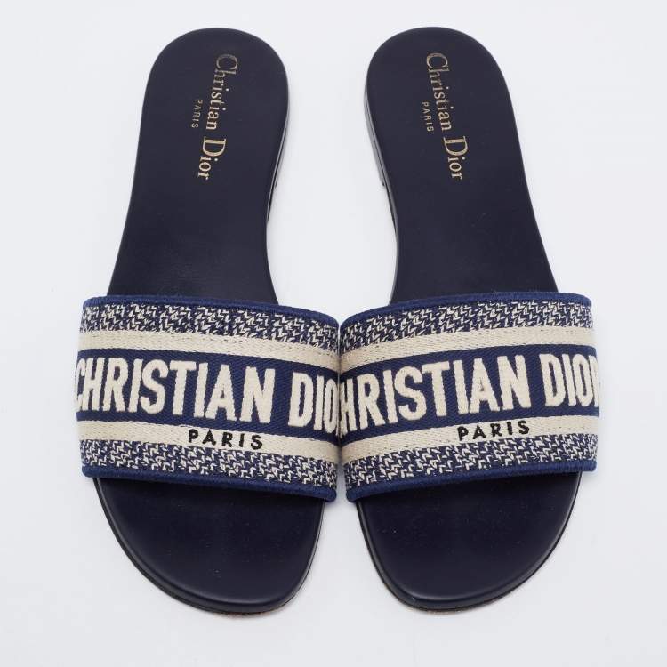 Pre Owned Dior Navy Blue/White Embroidered Canvas Dway Flat Slides Size 38.5