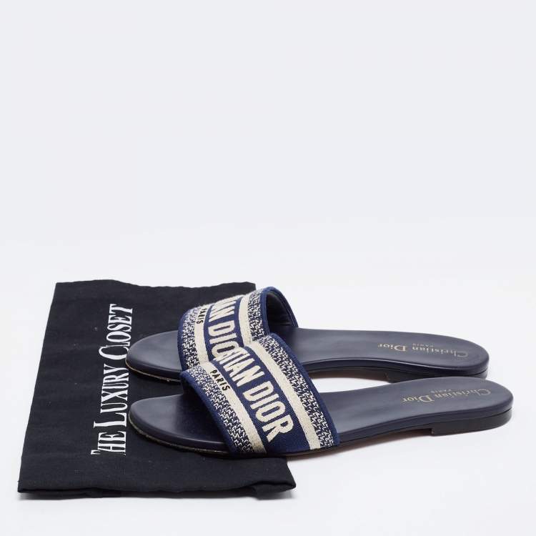 Pre Owned Dior Navy Blue/White Embroidered Canvas Dway Flat Slides Size 38.5