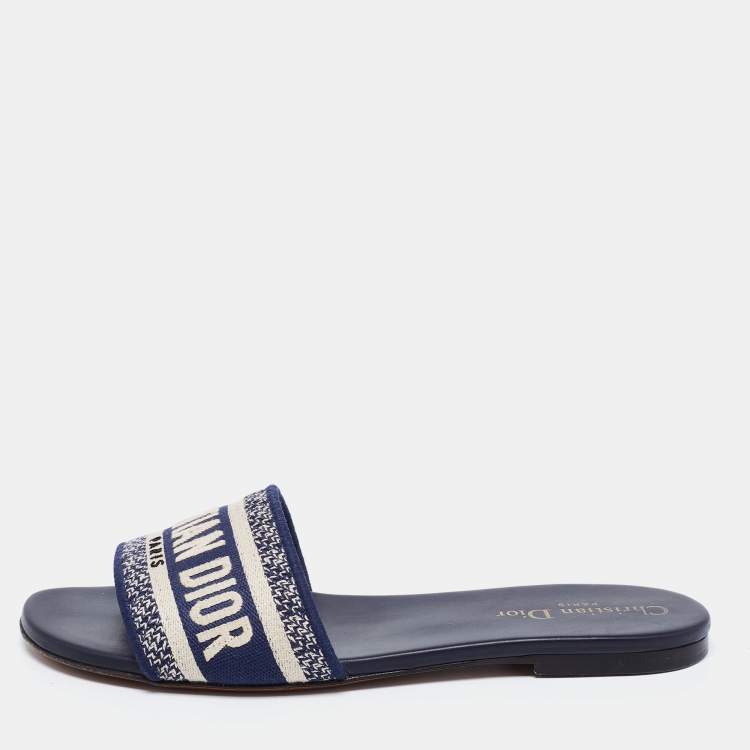 Pre Owned Dior Navy Blue/White Embroidered Canvas Dway Flat Slides Size 38.5