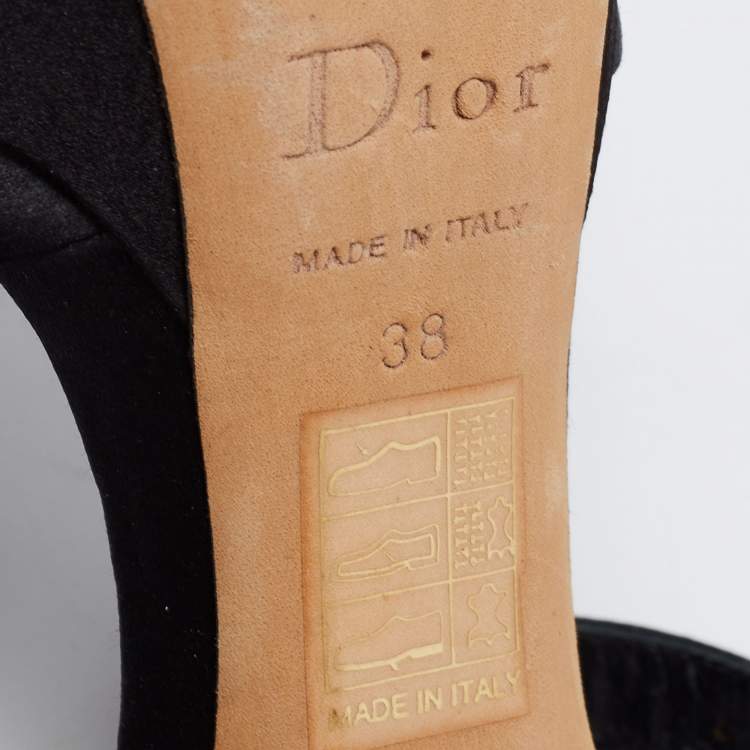 Pre Owned Dior Black Satin Crystal Embellished Cannage Heel Ankle-Strap Platform Sandals Size 38