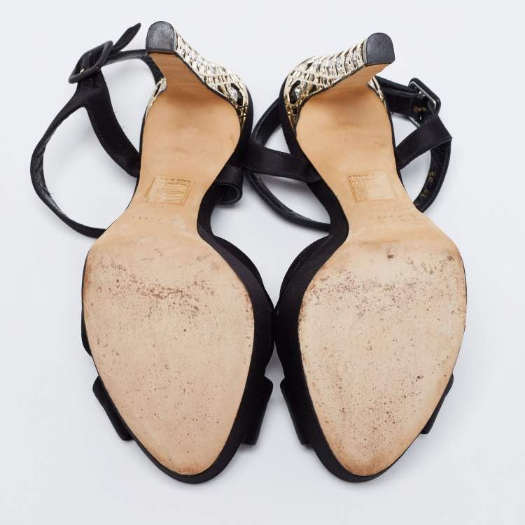 Pre Owned Dior Black Satin Crystal Embellished Cannage Heel Ankle-Strap Platform Sandals Size 38