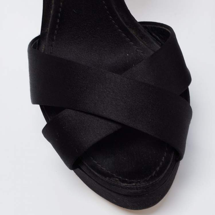 Pre Owned Dior Black Satin Crystal Embellished Cannage Heel Ankle-Strap Platform Sandals Size 38
