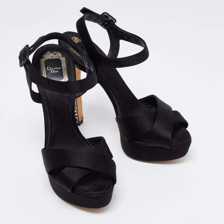 Pre Owned Dior Black Satin Crystal Embellished Cannage Heel Ankle-Strap Platform Sandals Size 38