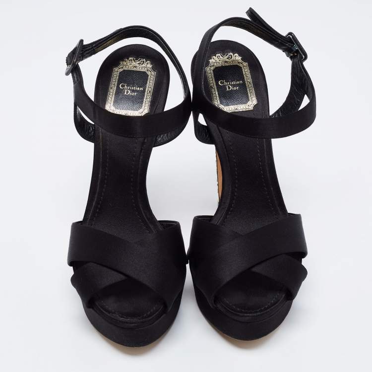 Pre Owned Dior Black Satin Crystal Embellished Cannage Heel Ankle-Strap Platform Sandals Size 38