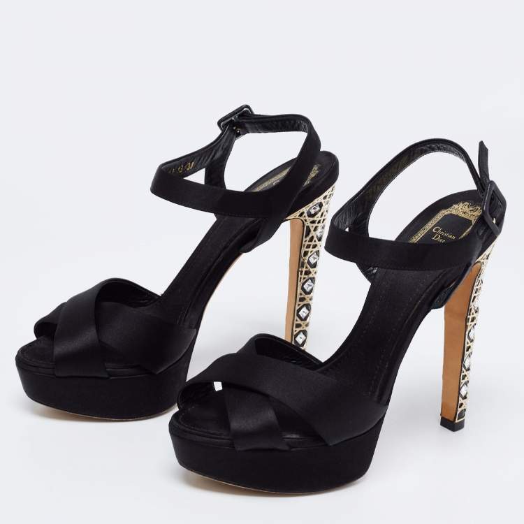 Pre Owned Dior Black Satin Crystal Embellished Cannage Heel Ankle-Strap Platform Sandals Size 38