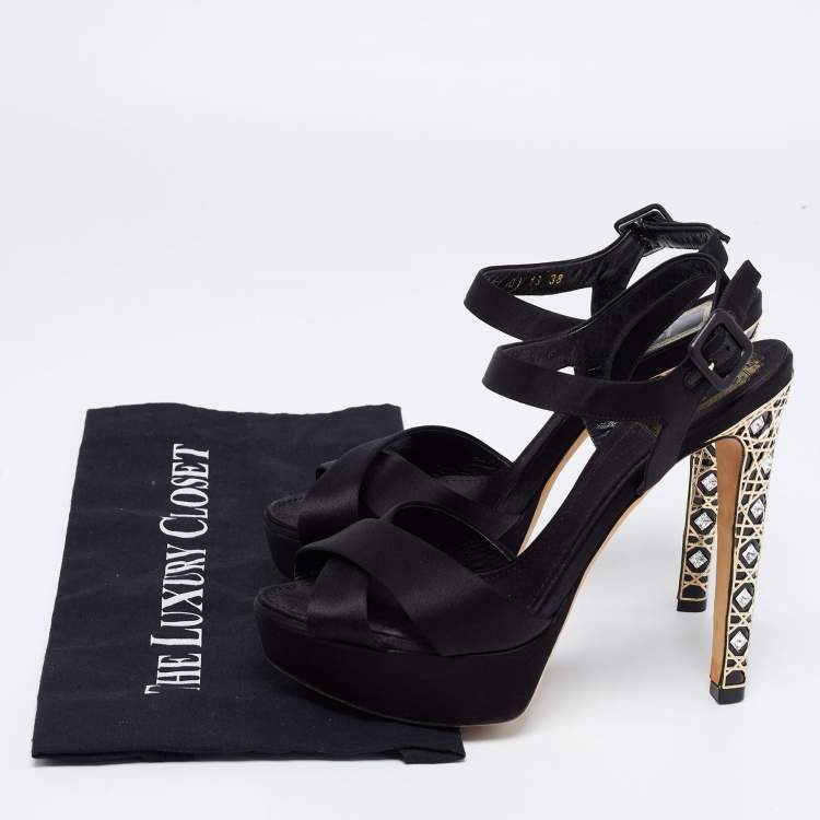 Pre Owned Dior Black Satin Crystal Embellished Cannage Heel Ankle-Strap Platform Sandals Size 38