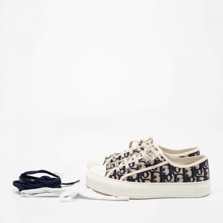 Pre Owned Dior Navy Blue/White Oblique Embroidered Canvas and Rubber Walk'n'Dior Low-Top Sneakers Size 37