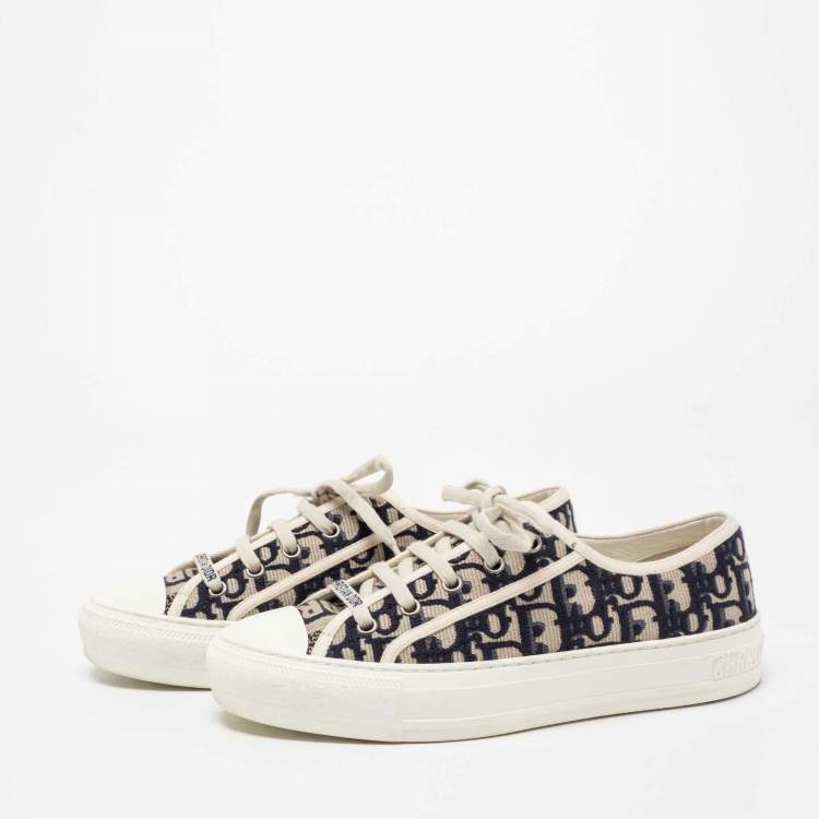 Pre Owned Dior Navy Blue/White Oblique Embroidered Canvas and Rubber Walk'n'Dior Low-Top Sneakers Size 37