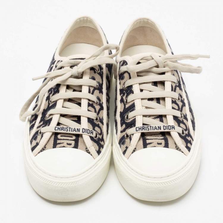 Pre Owned Dior Navy Blue/White Oblique Embroidered Canvas and Rubber Walk'n'Dior Low-Top Sneakers Size 37