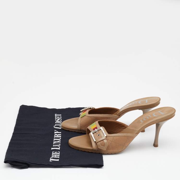 Pre Owned Dior Brown Canvas and Leather Buckle Slides Sandals Size 38.5