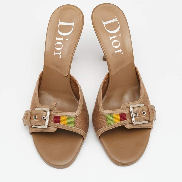 Pre Owned Dior Brown Canvas and Leather Buckle Slides Sandals Size 38.5