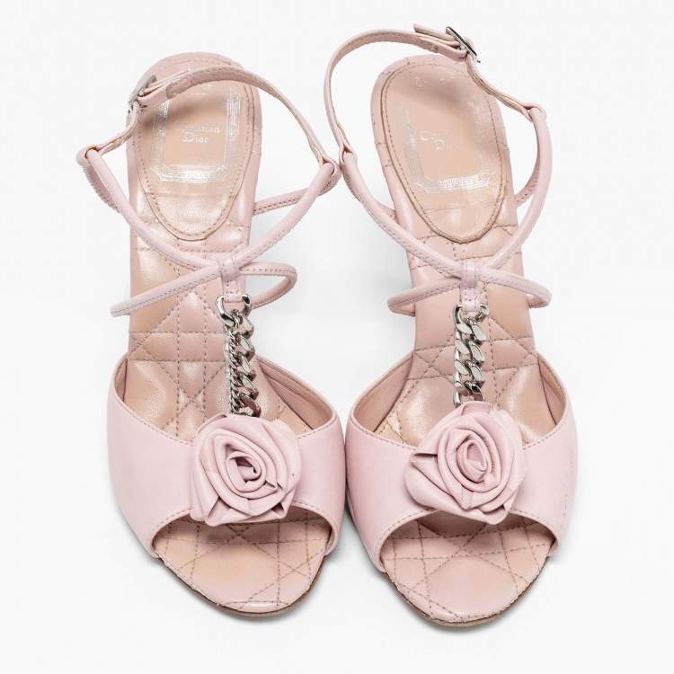 Pre Owned Dior Pink Leather Rose Chain Ankle Strap Sandals Size 37