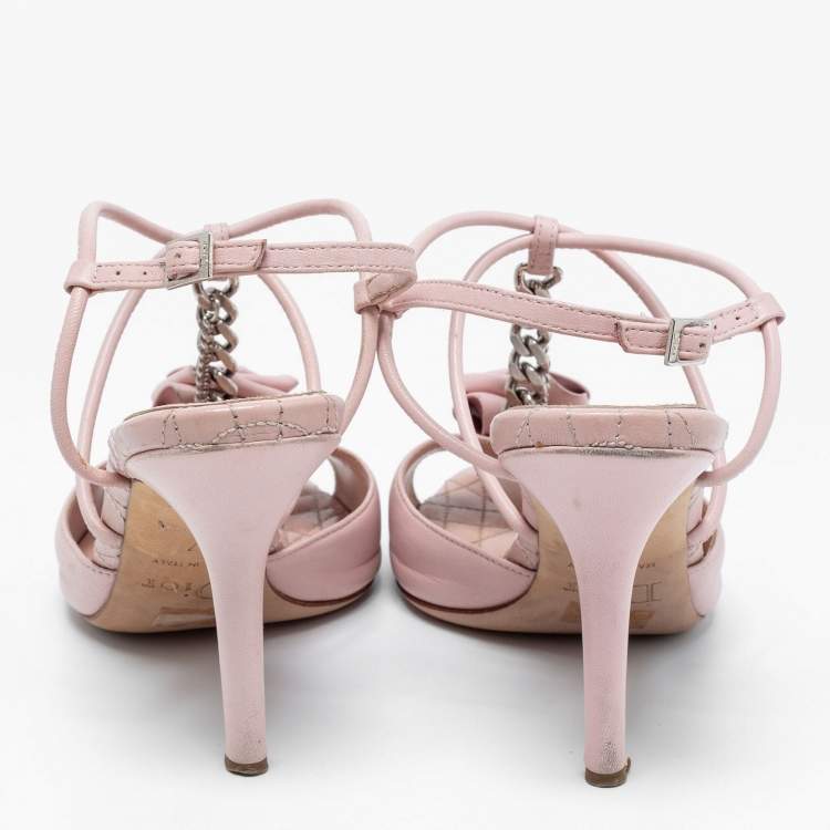 Pre Owned Dior Pink Leather Rose Chain Ankle Strap Sandals Size 37