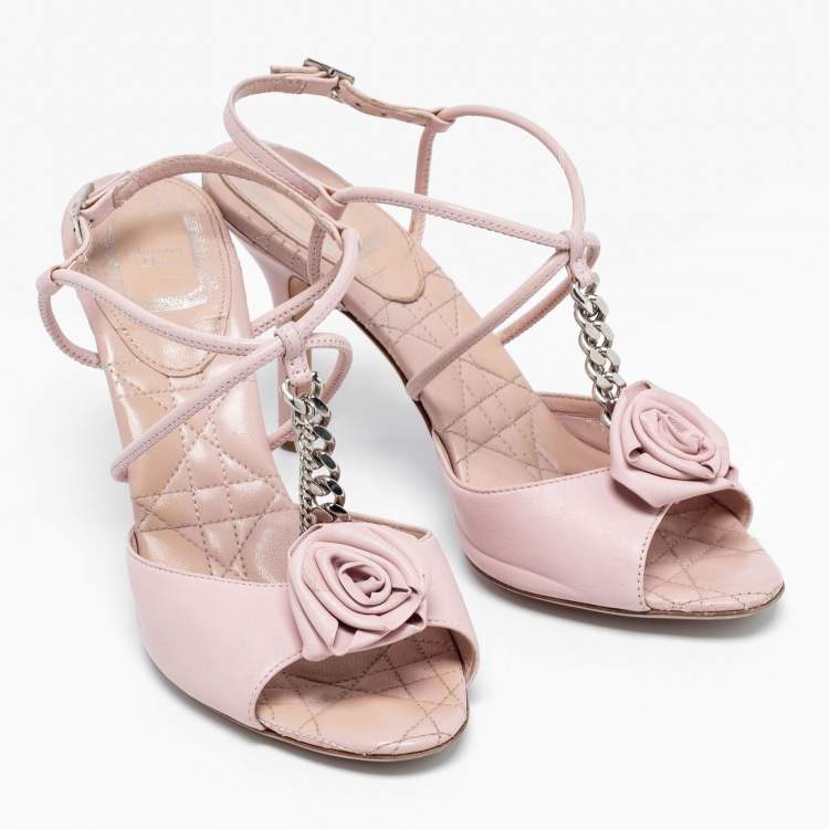 Pre Owned Dior Pink Leather Rose Chain Ankle Strap Sandals Size 37