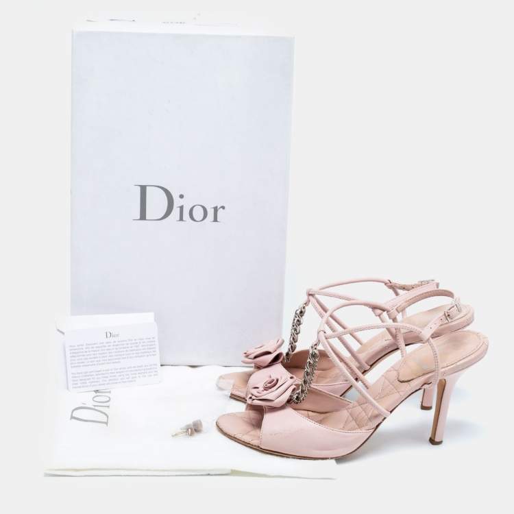 Pre Owned Dior Pink Leather Rose Chain Ankle Strap Sandals Size 37