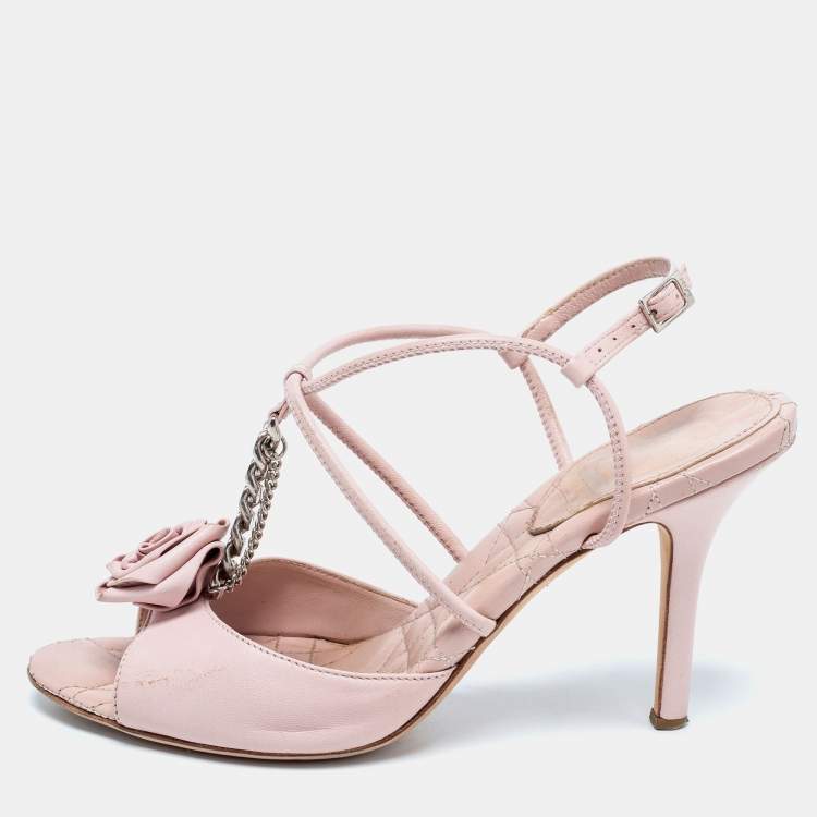 Pre Owned Dior Pink Leather Rose Chain Ankle Strap Sandals Size 37