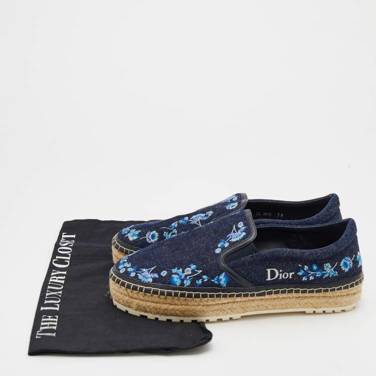 Pre Owned Dior Blue Denim Floral Embroidered Denim Prairie Espadrille Flats Size 38