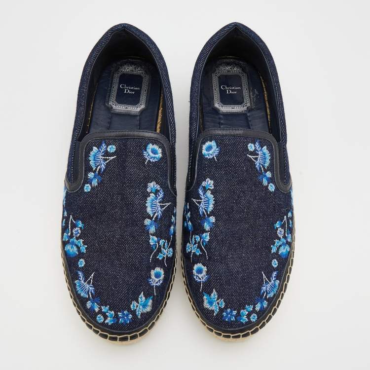 Pre Owned Dior Blue Denim Floral Embroidered Denim Prairie Espadrille Flats Size 38