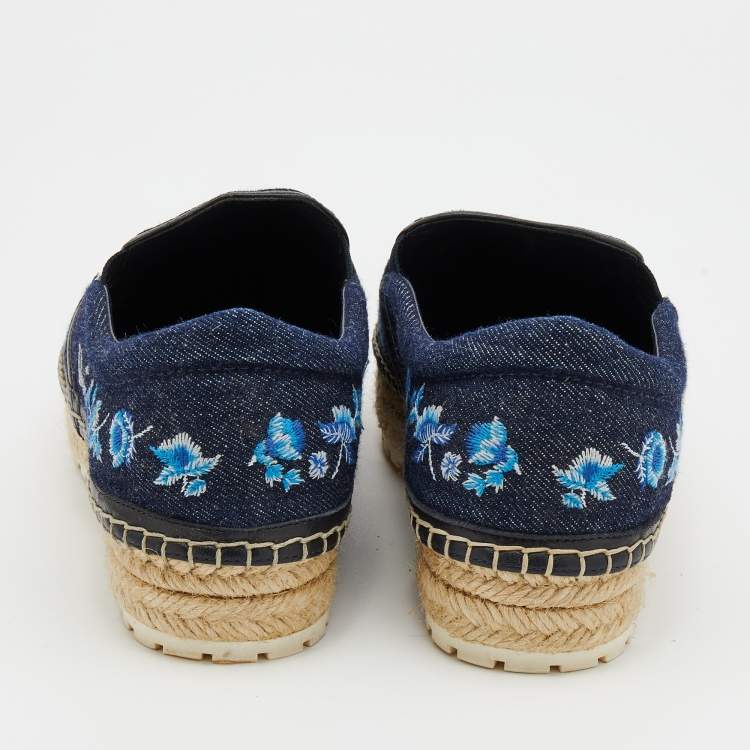Pre Owned Dior Blue Denim Floral Embroidered Denim Prairie Espadrille Flats Size 38