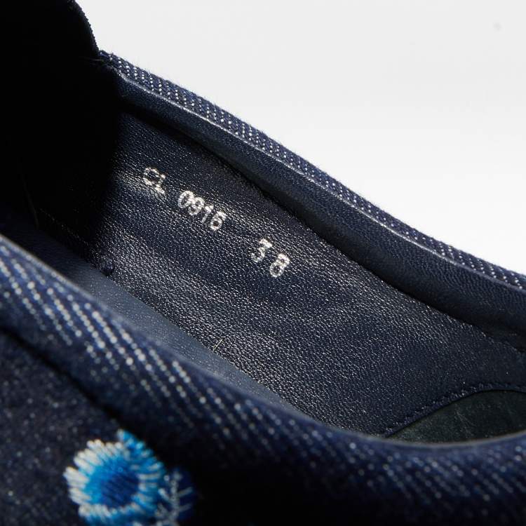Pre Owned Dior Blue Denim Floral Embroidered Denim Prairie Espadrille Flats Size 38
