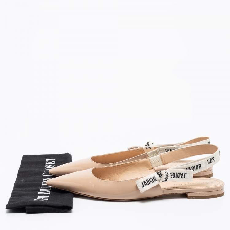 Pre Owned Dior Beige Patent Leather J'Adior Ribbon Slingback Flats Size 40
