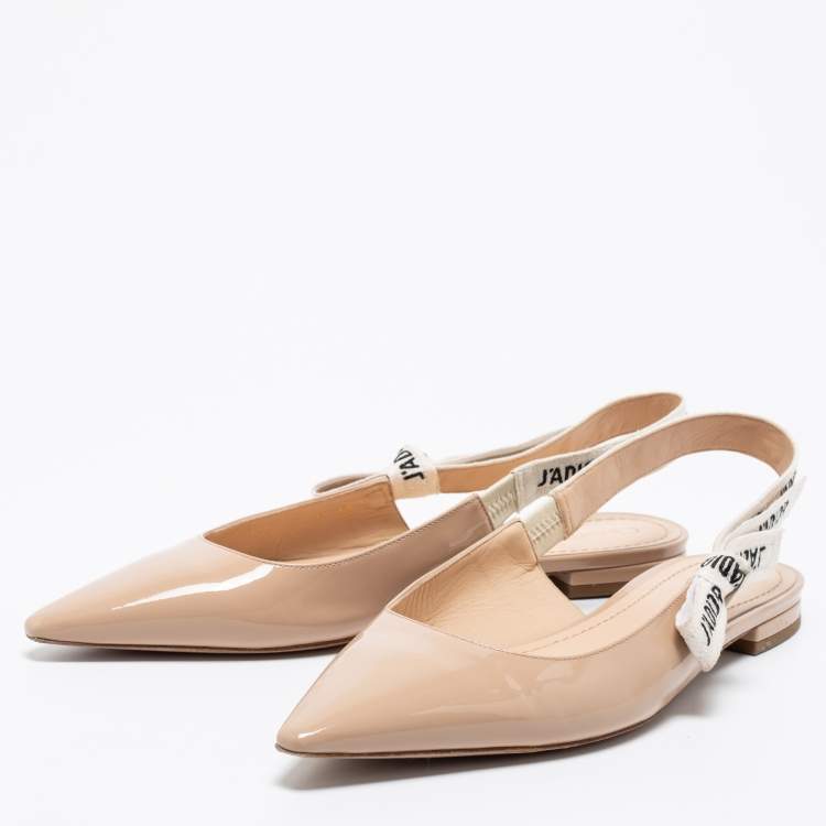 Pre Owned Dior Beige Patent Leather J'Adior Ribbon Slingback Flats Size 40