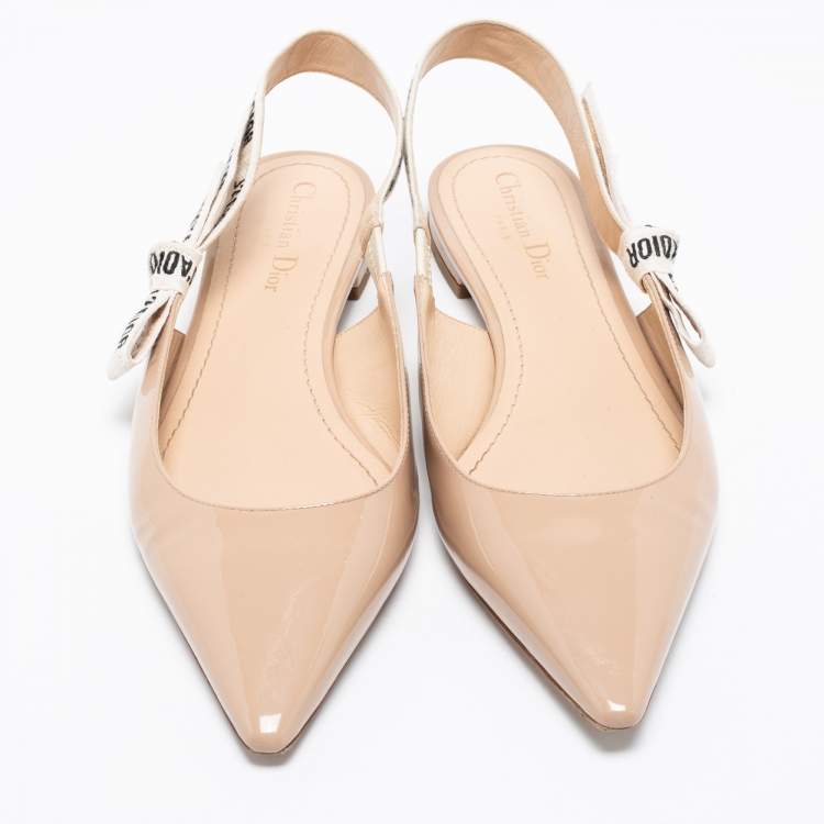 Pre Owned Dior Beige Patent Leather J'Adior Ribbon Slingback Flats Size 40