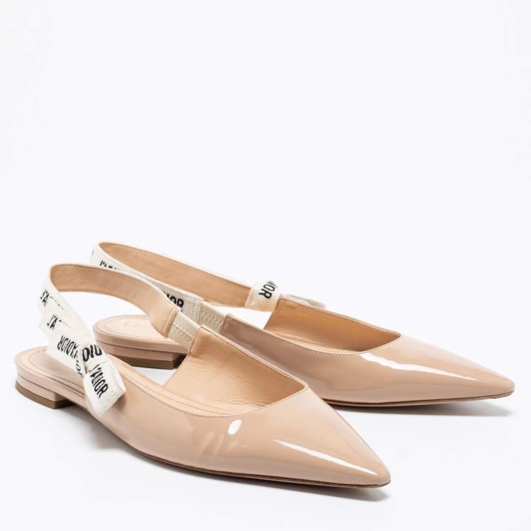 Pre Owned Dior Beige Patent Leather J'Adior Ribbon Slingback Flats Size 40