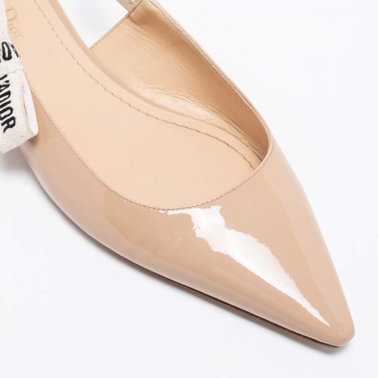 Pre Owned Dior Beige Patent Leather J'Adior Ribbon Slingback Flats Size 40