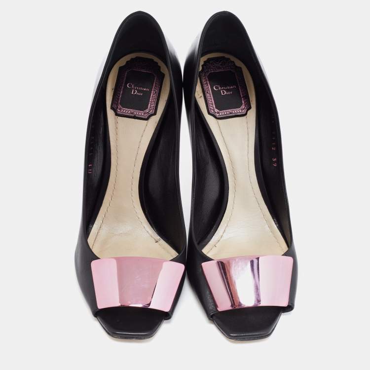 Pre Owned Dior Black Leather Plaque Peep-Toe Pumps Size 39