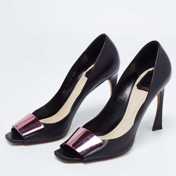 Pre Owned Dior Black Leather Plaque Peep-Toe Pumps Size 39