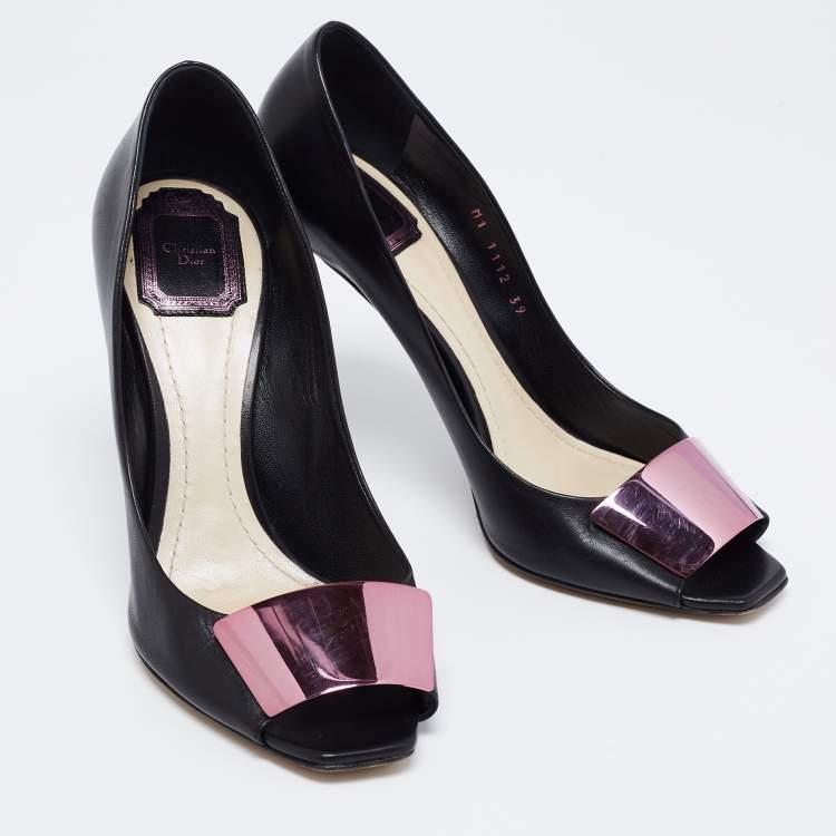 Pre Owned Dior Black Leather Plaque Peep-Toe Pumps Size 39