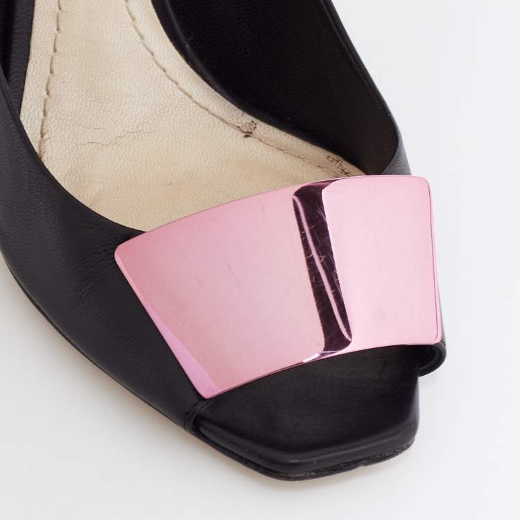 Pre Owned Dior Black Leather Plaque Peep-Toe Pumps Size 39