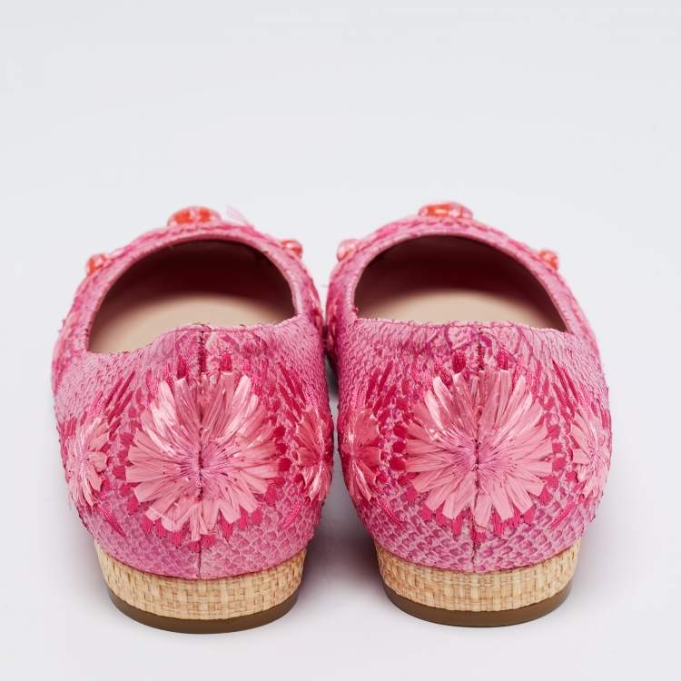Pre Owned Dior Pink Python Leather Floral Raffia Ballet Flats Size 40.5