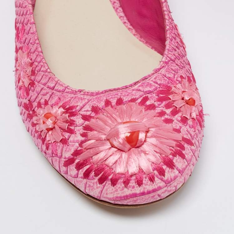 Pre Owned Dior Pink Python Leather Floral Raffia Ballet Flats Size 40.5